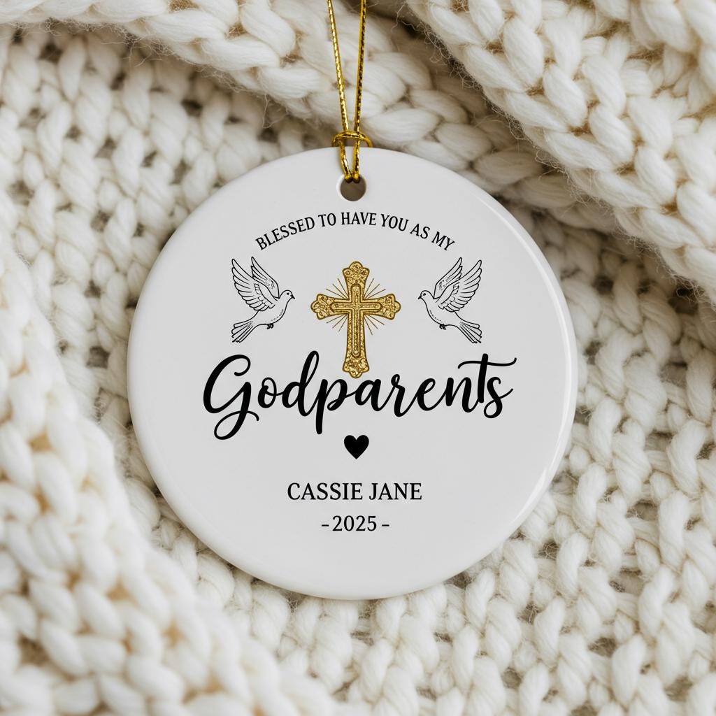 Round ceramic ornament with 'Godparents' text and decorative elements on a textured surface with greenery.