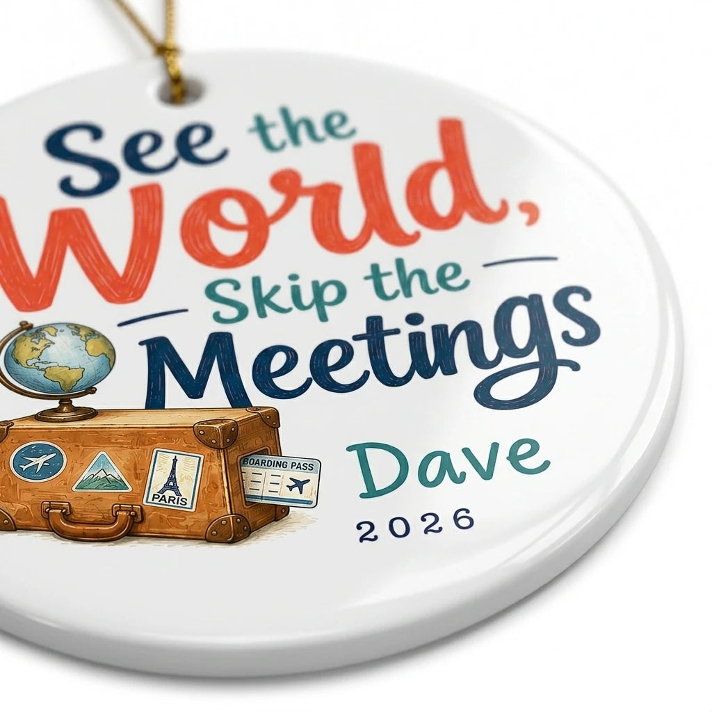 See the World, Skip the Meetings Personalized Travel Retirement Christmas Ornament 2026 detail