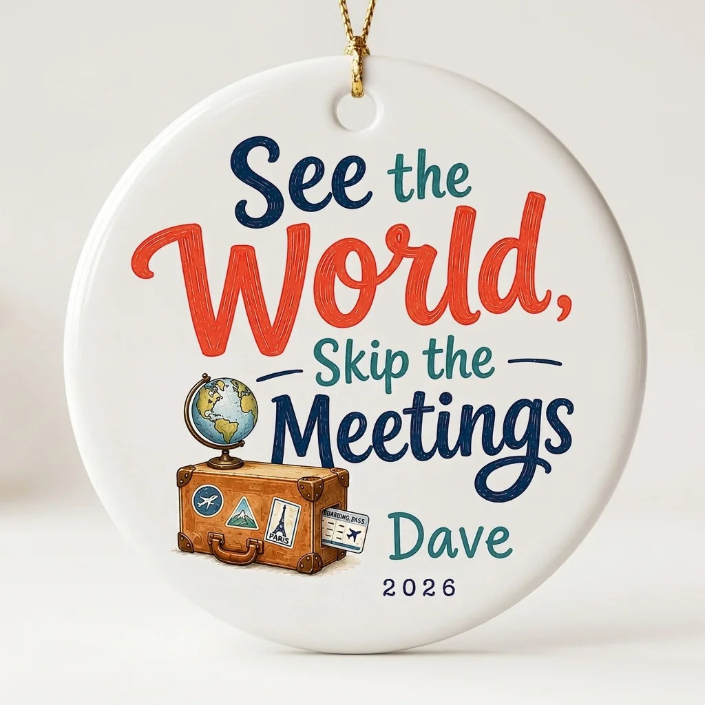 See the World, Skip the Meetings Personalized Travel Retirement Christmas Ornament 2026 hero