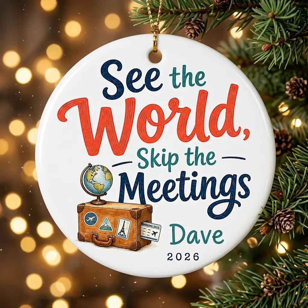 See the World, Skip the Meetings Personalized Travel Retirement Christmas Ornament 2026 tree
