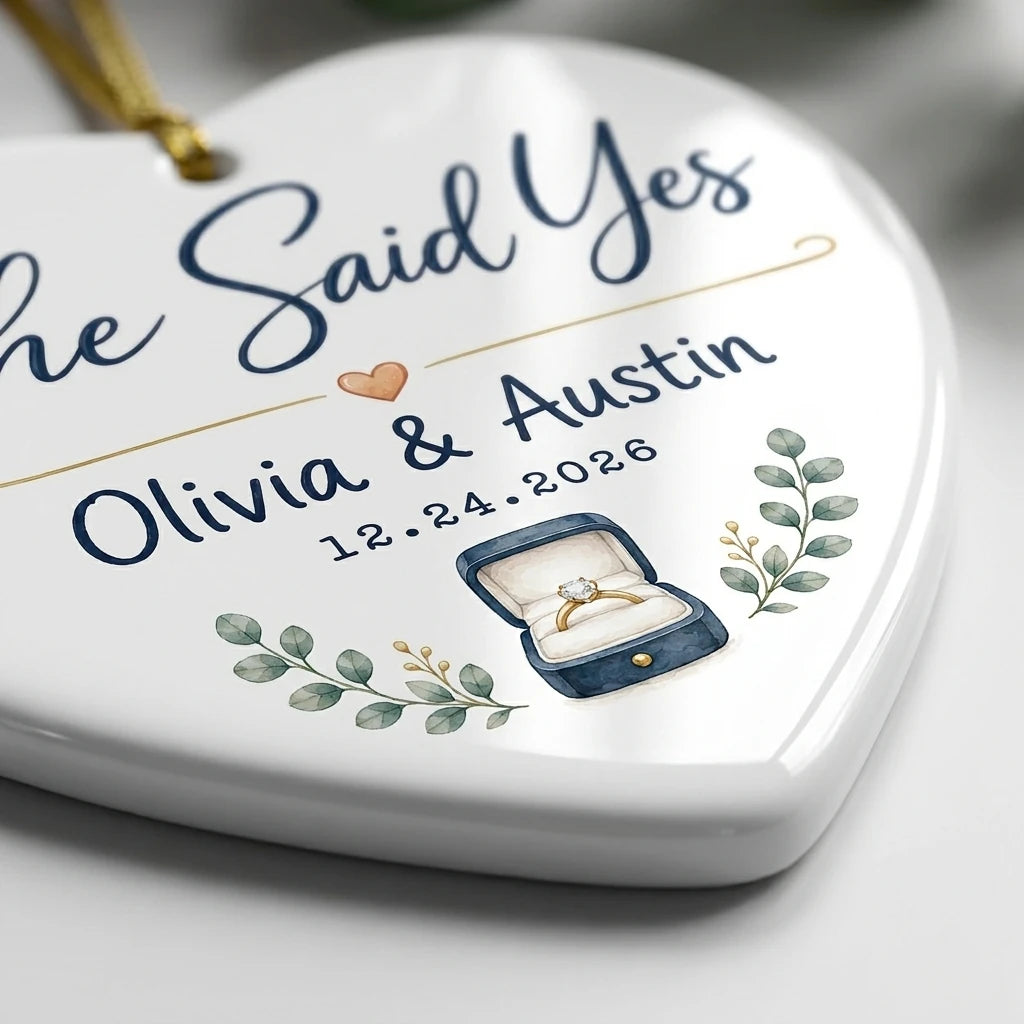 She Said Yes Personalized Engaged Christmas Ornament 2026 detail