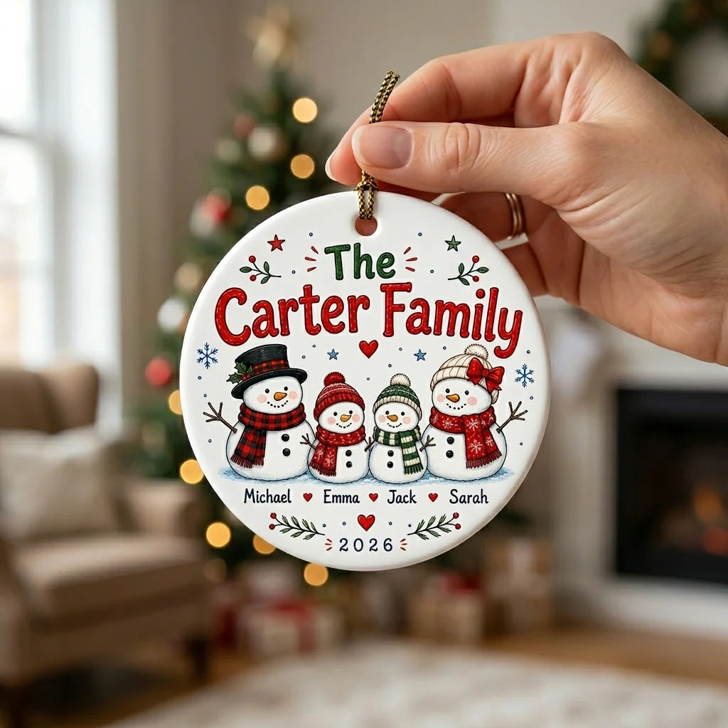 Snowman Family Personalized Family Names Christmas Ornament 2026 hand