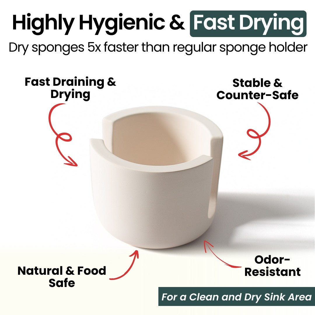 White sponge holder with text highlighting its features on a white background