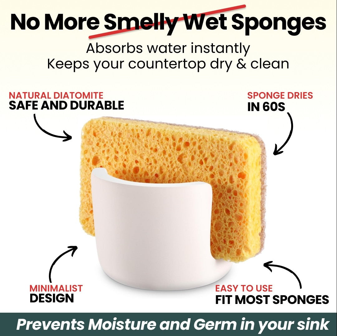 Yellow sponge with beige sponge holder & its features on a white background