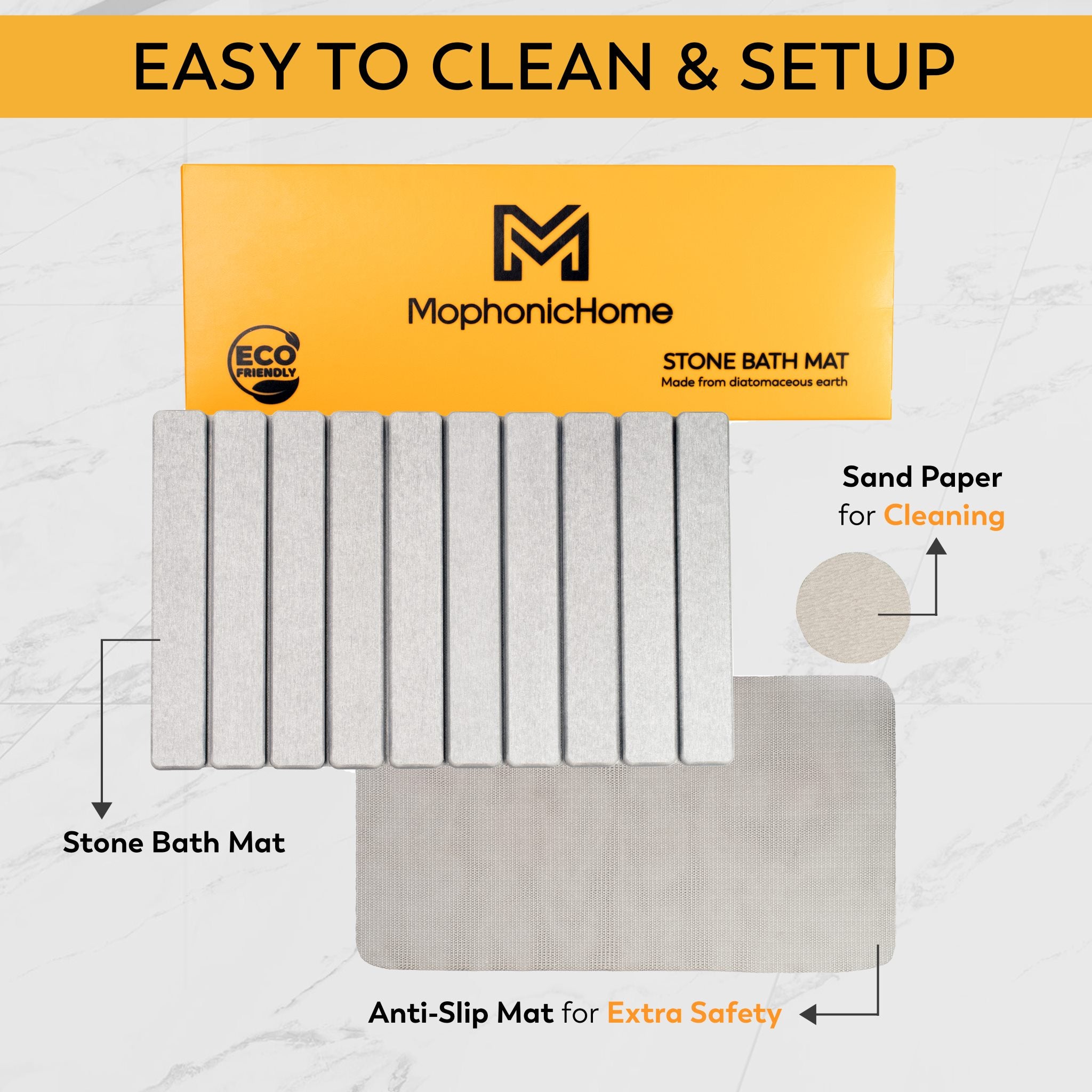 MophonicHome - Fast Drying Super Absorbent Stone Bath Mat, Natural Diatomaceous Earth Bath Mat - Mophonic