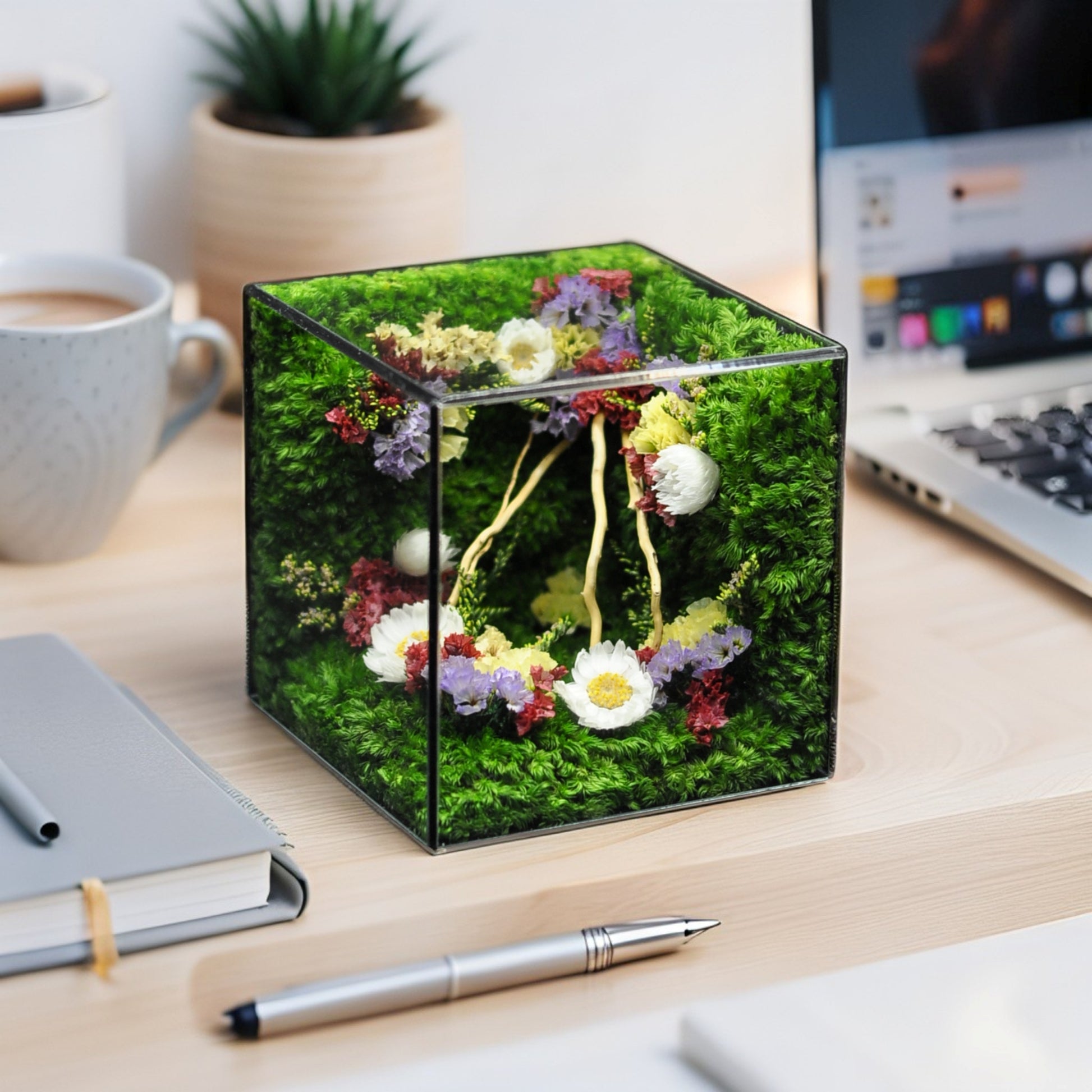 Decorative glass cube with moss and flowers on a desk with a laptop and coffee cup.