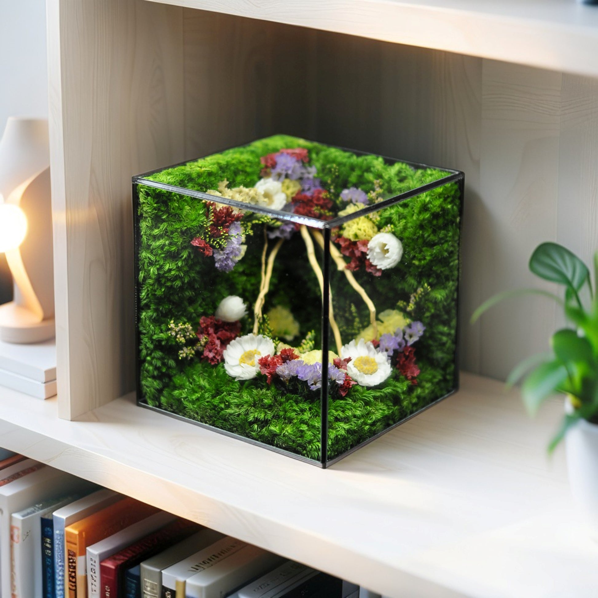 Decorative box with flowers and moss on a shelf