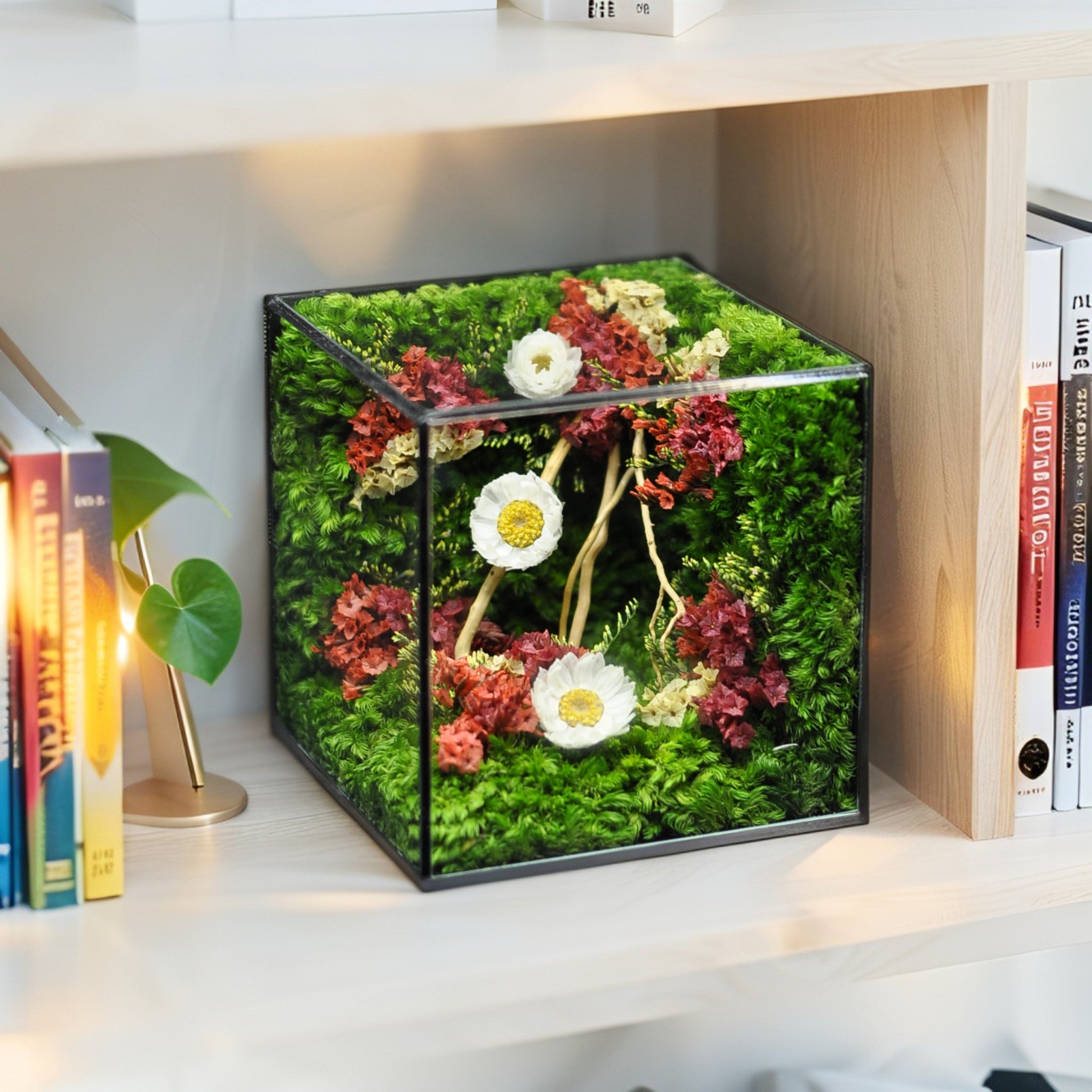 Decorative box with moss and flowers on a shelf