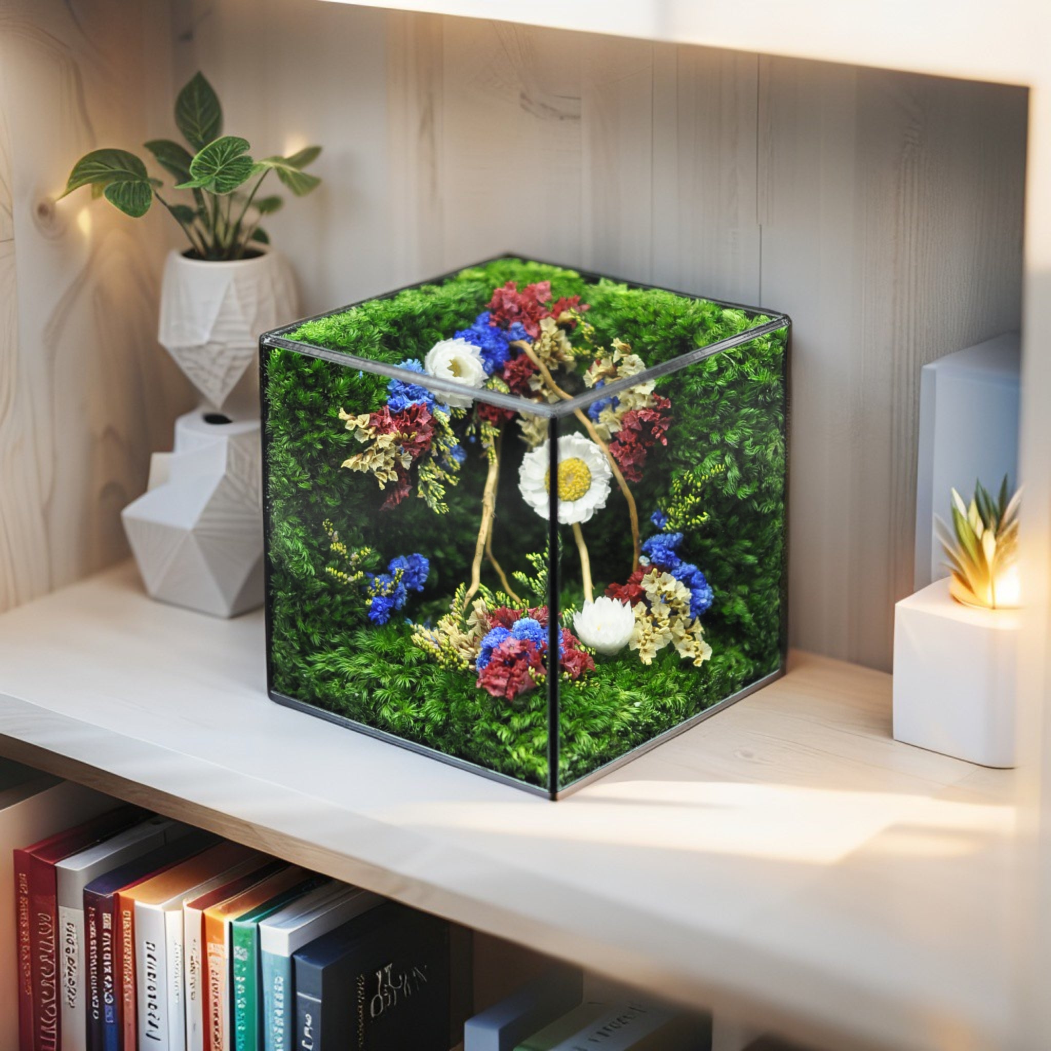 MophonicHome™ - Crystal Floral Cube Gift - Handmade Preserved Flower Arrangement – Unique Nature-Inspired Gift for Birthdays, Anniversaries, Weddings & Home Decor