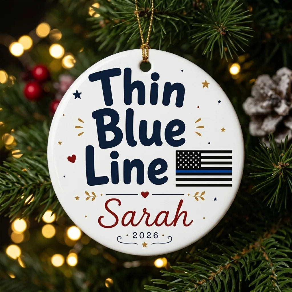 Thin Blue Line Personalized Military Christmas Ornament 2026 tree