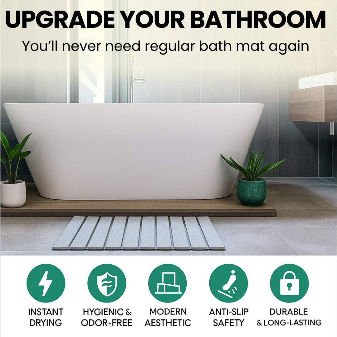 a bath mat with features listed, set against a bathroom background.