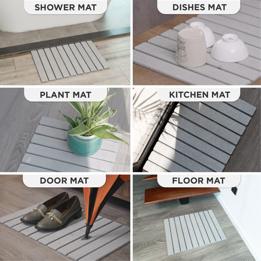 Various types of mats used in different settings such as shower, dishes, plant, kitchen, door, and floor.