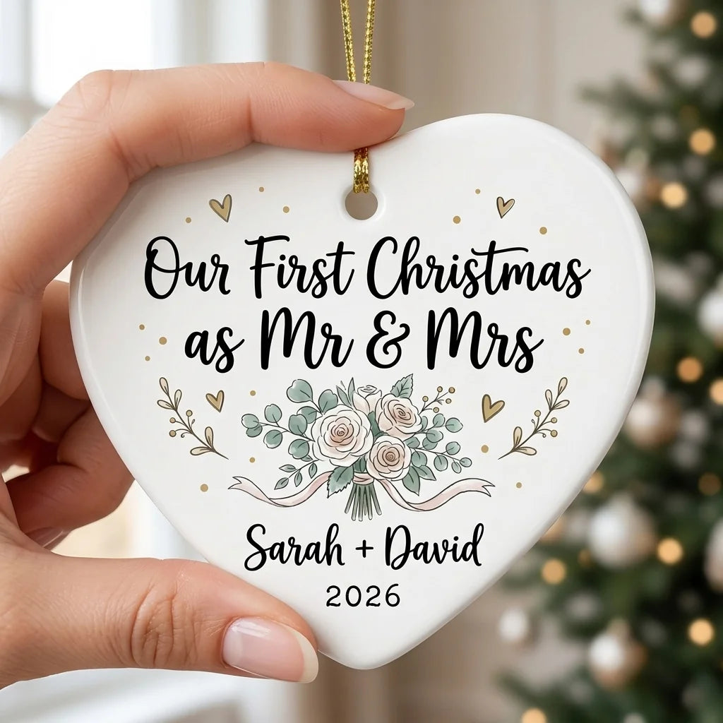 Wedding Bouquet Personalized First Married Christmas Ornament 2026 hand