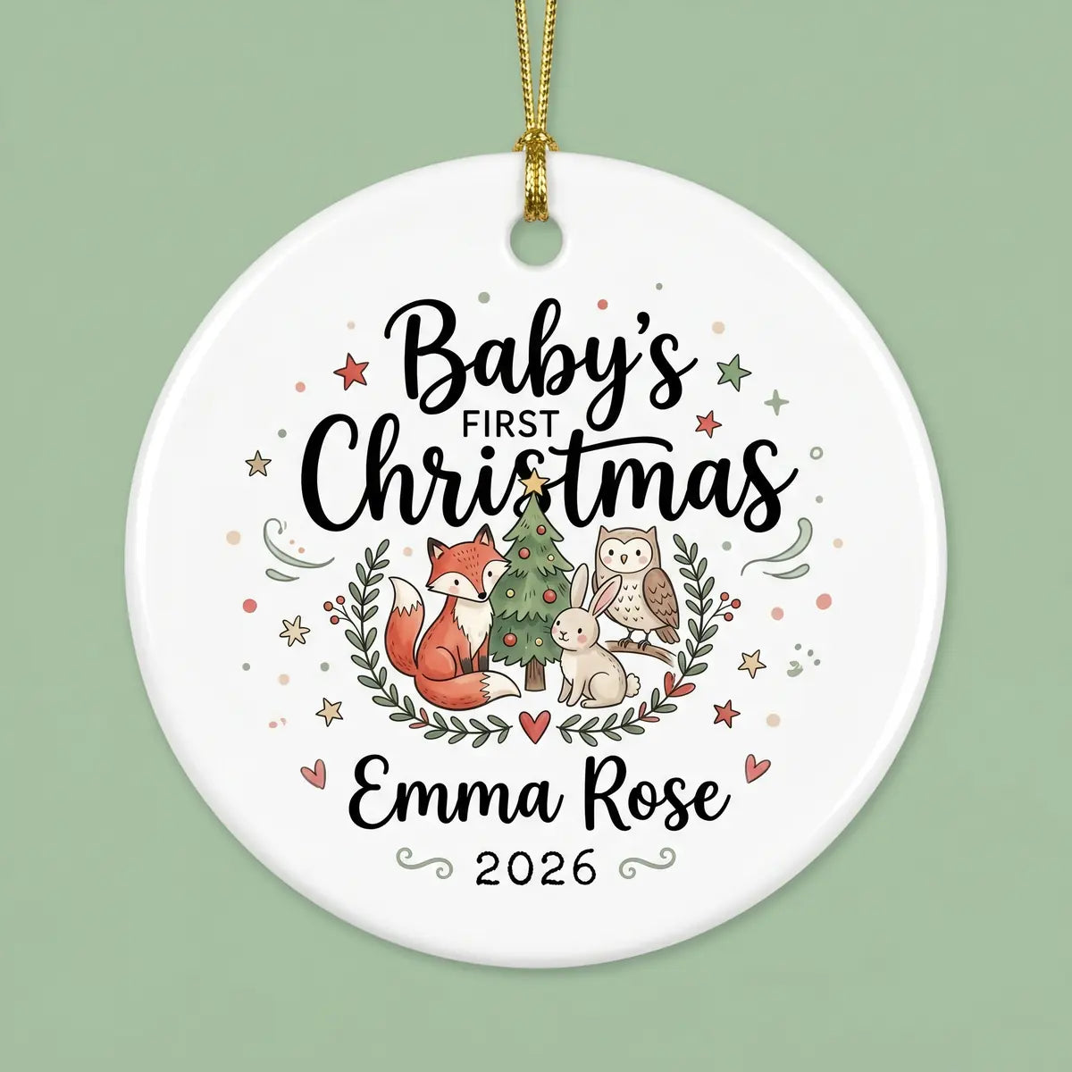 Woodland Baby Personalized Baby First Christmas Ornament 2026 detail