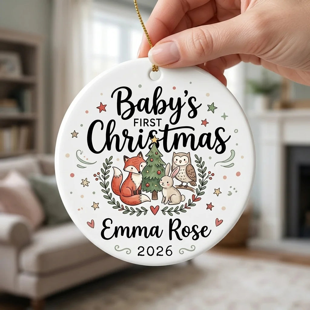 Woodland Baby Personalized Baby First Christmas Ornament 2026 hand