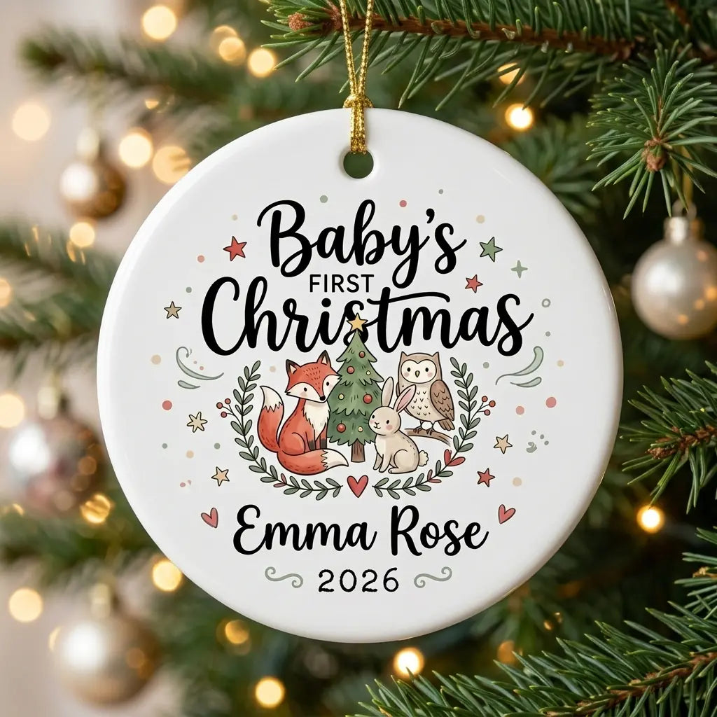 Woodland Baby Personalized Baby First Christmas Ornament 2026 tree