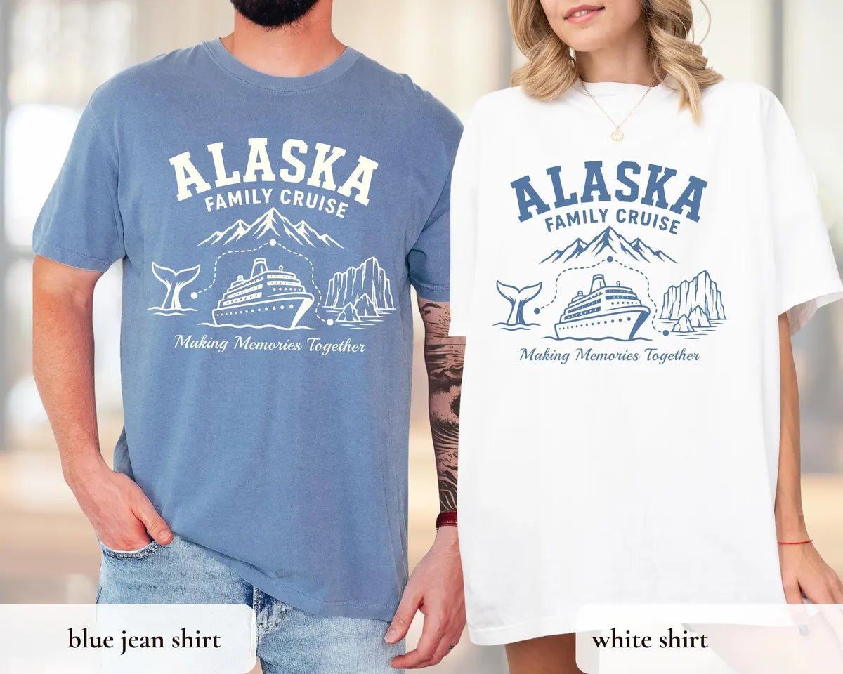 Man in a Blue Jean and woman in a White Comfort Colors tee, matching Alaska Family Cruise designs in blue, mountains and ship