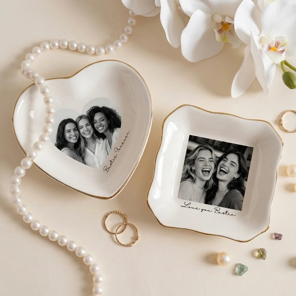 Custom photo bestie ring dish displayed elegantly on wooden bedroom nightstand