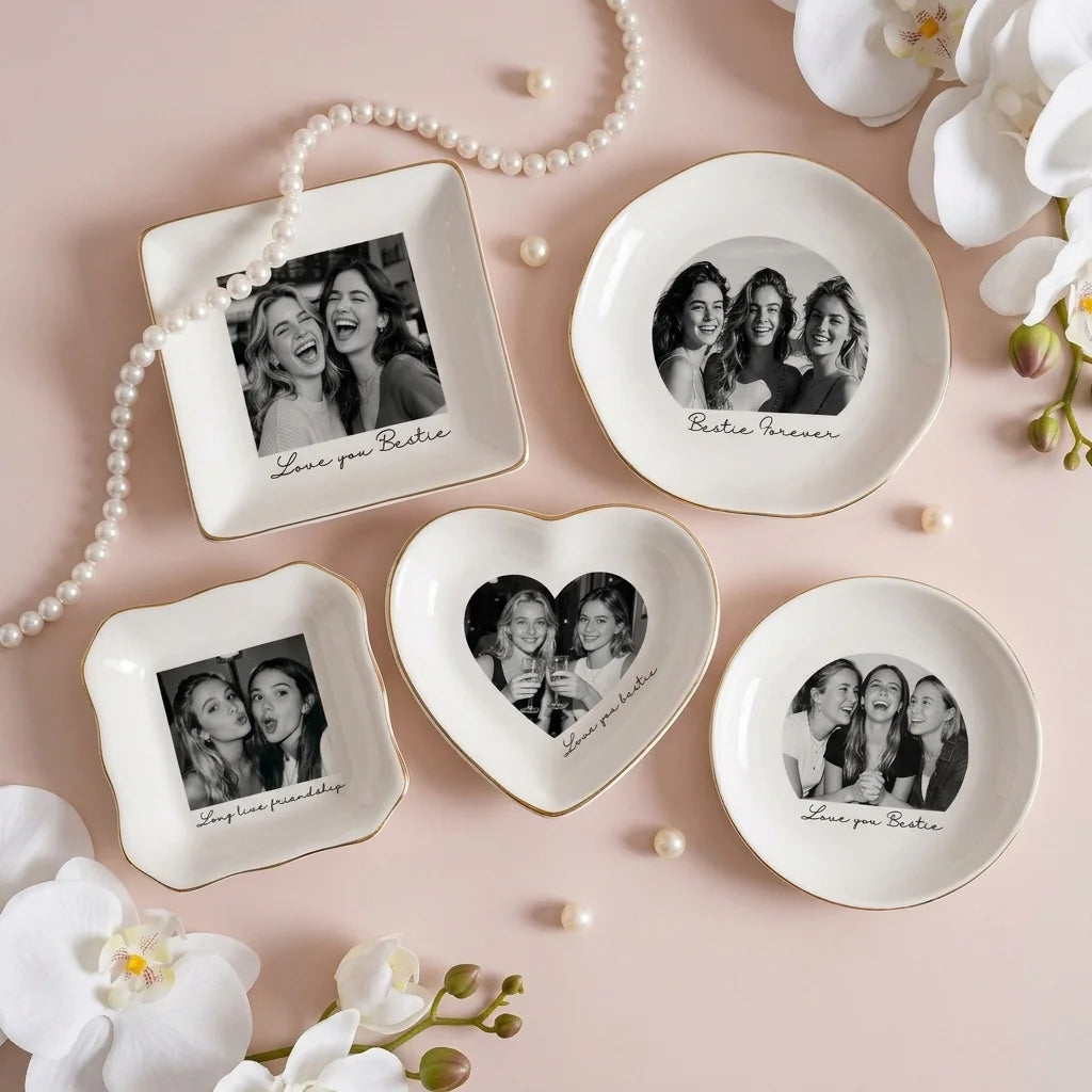 Personalized ceramic ring dish with custom photo and text for bestie, main front view