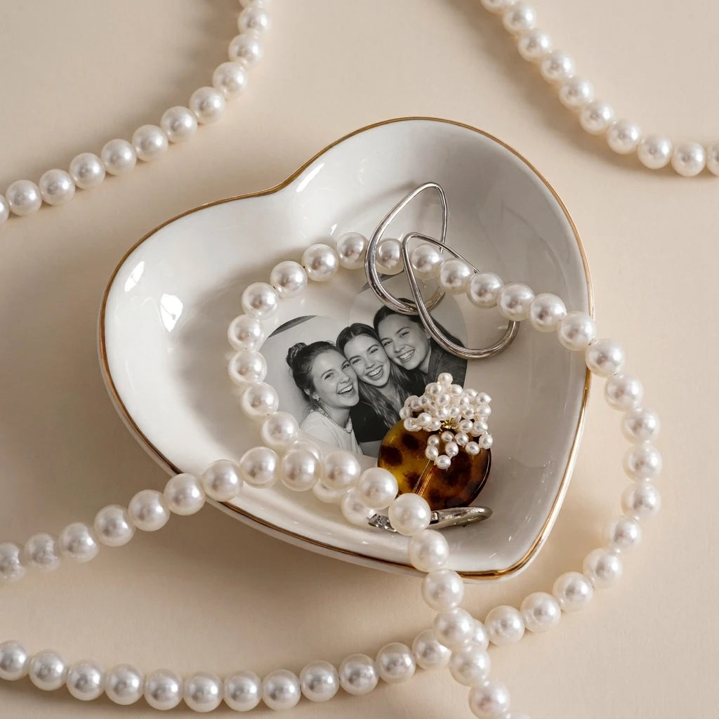 Custom photo bestie ring dish displayed elegantly on wooden bedroom nightstand