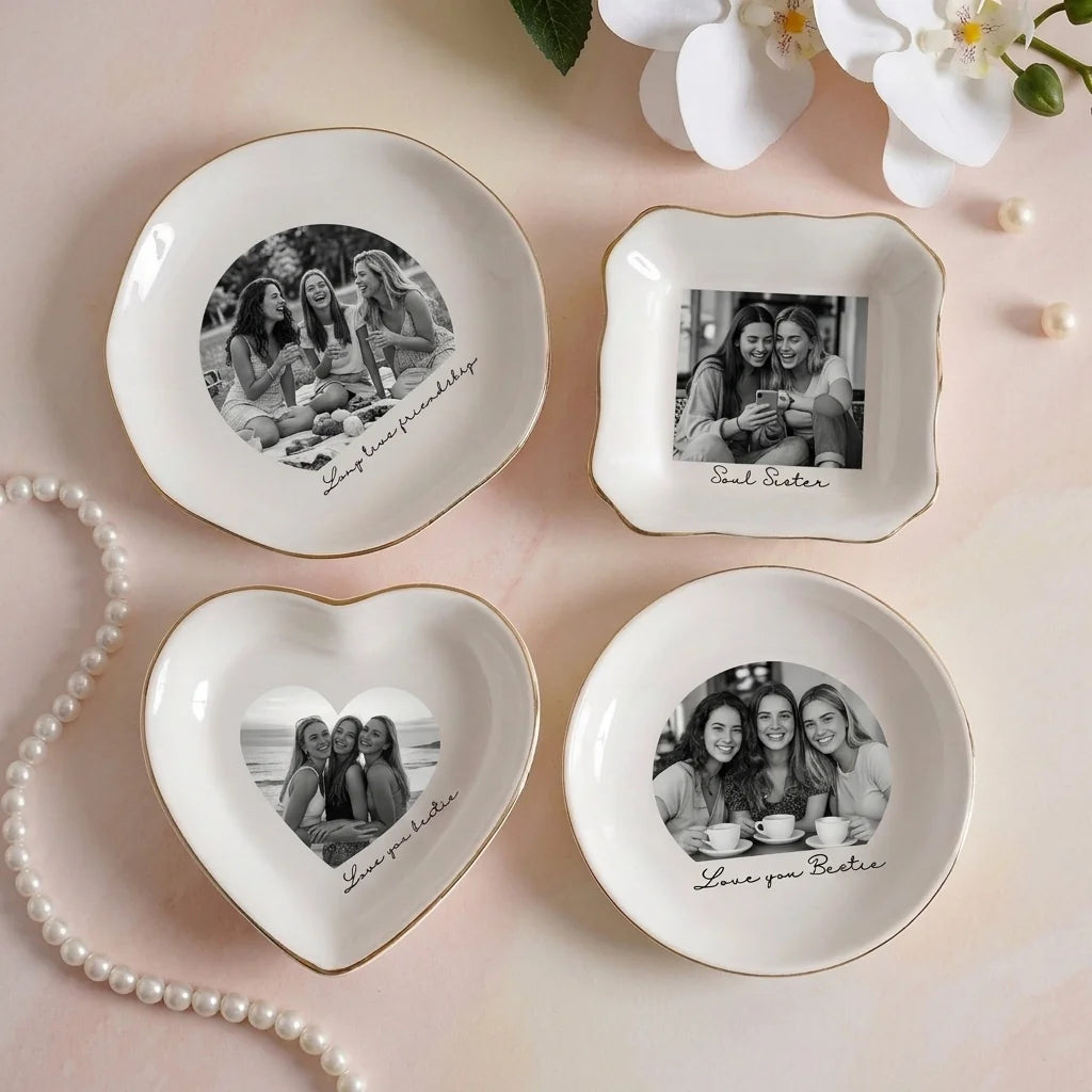 Custom photo bestie ring dish displayed elegantly on wooden bedroom nightstand