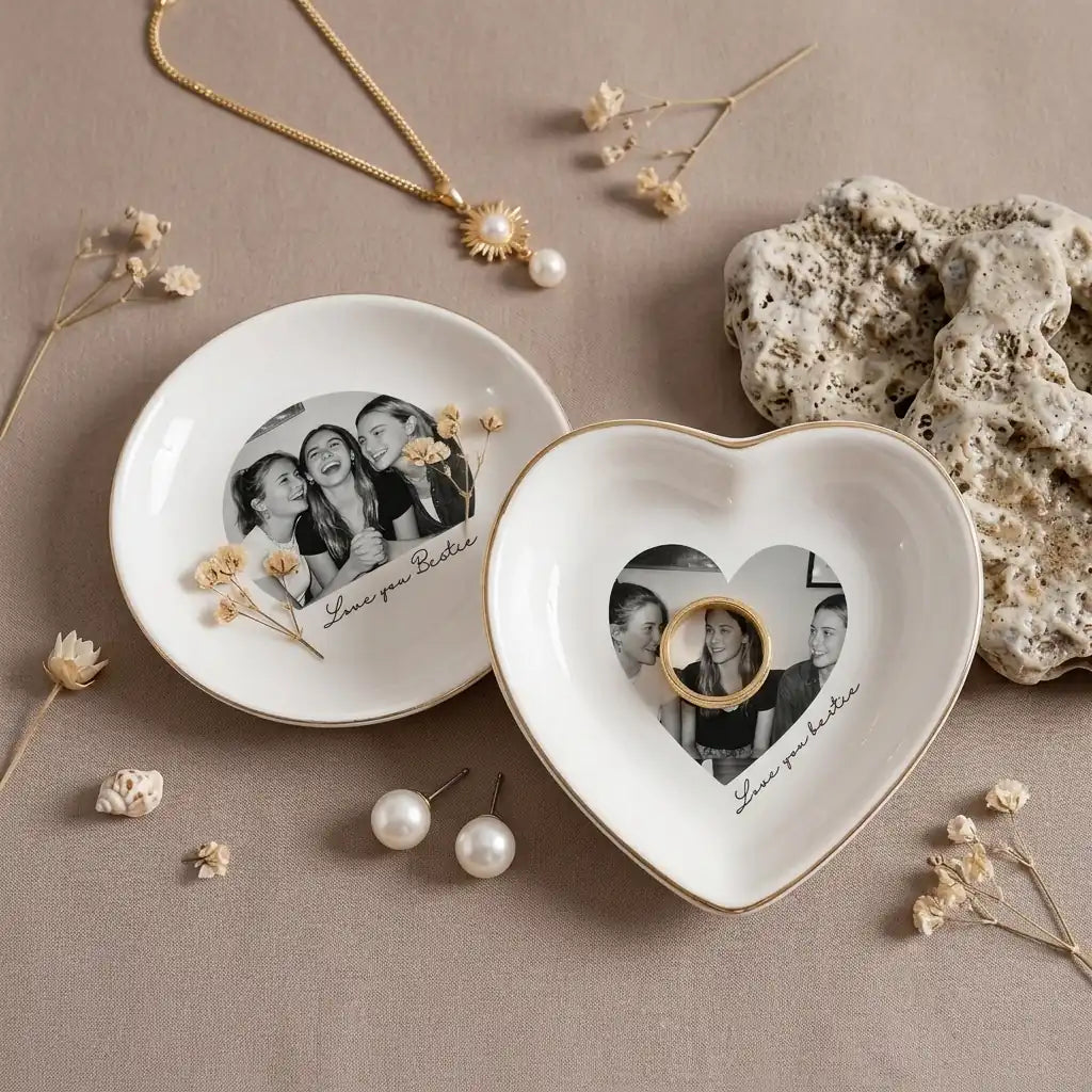 Custom photo bestie ring dish displayed elegantly on wooden bedroom nightstand