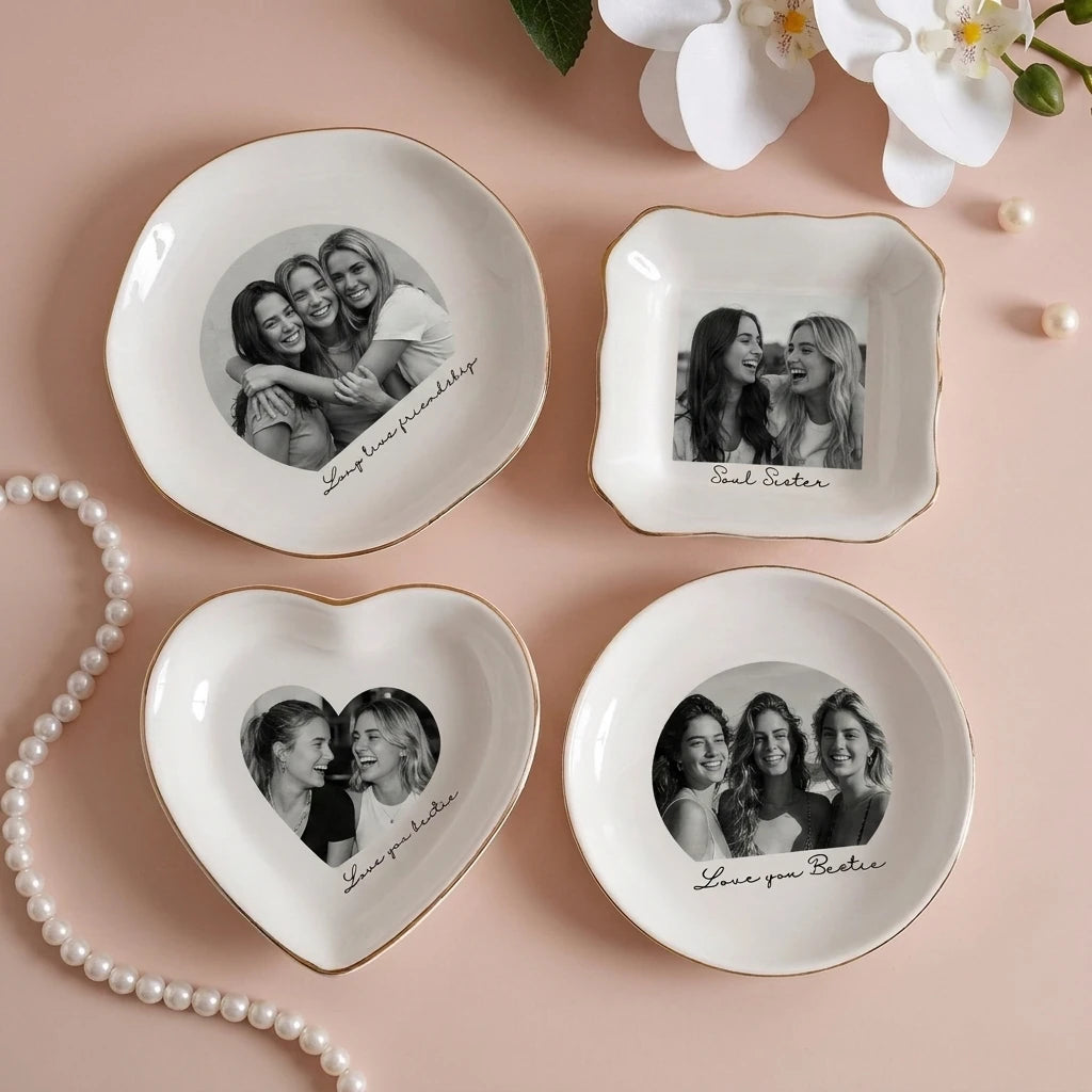 Custom photo bestie ring dish displayed elegantly on wooden bedroom nightstand