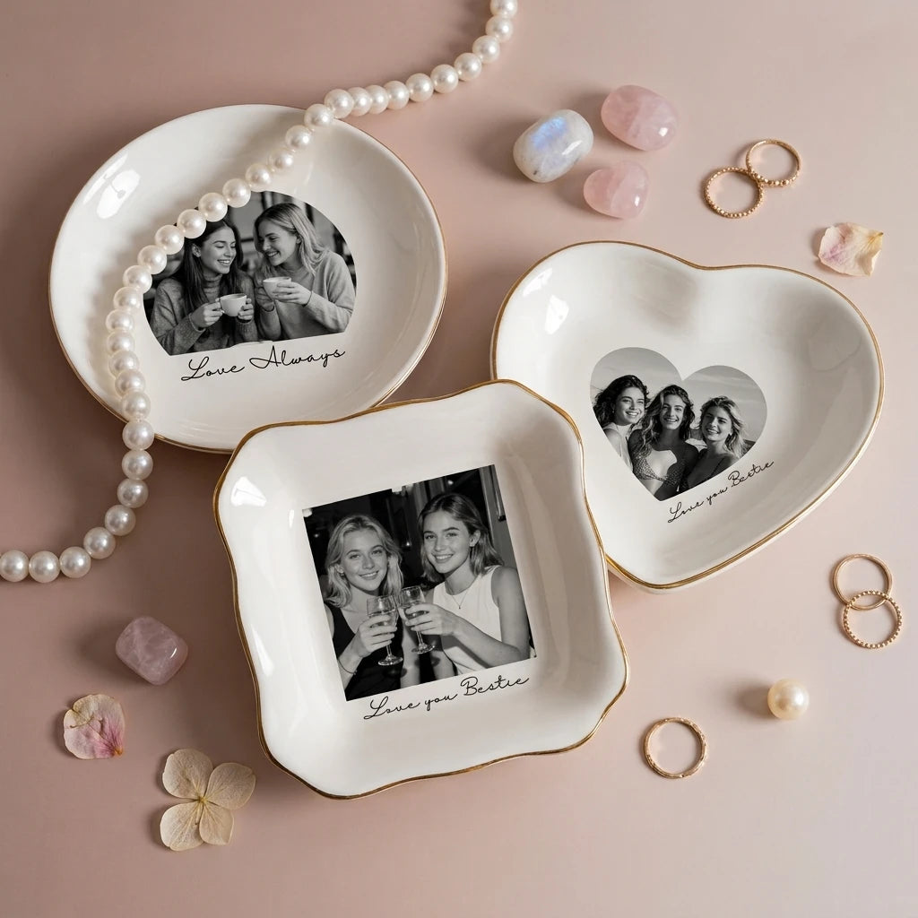 Custom photo bestie ring dish displayed elegantly on wooden bedroom nightstand