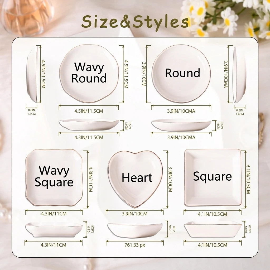 Shape and size options chart showing round, square, heart and scalloped ceramic ring dishes for bestie