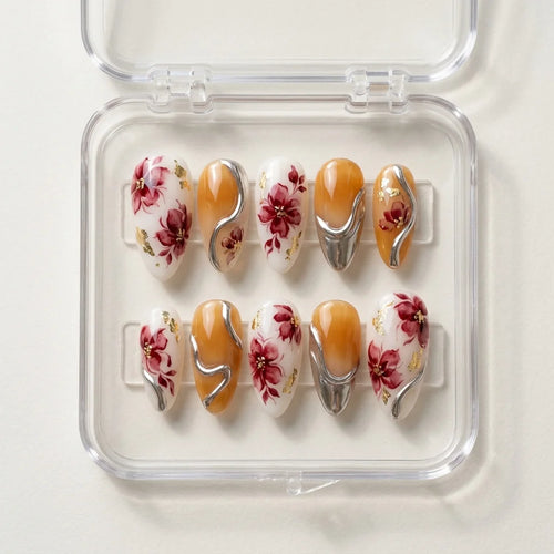 amber hand painted almond medium press on nails dark red blossom box 01