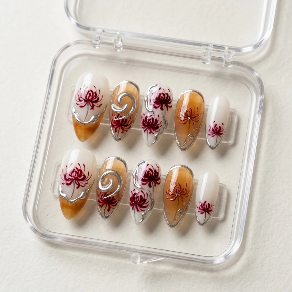 amber hand painted almond medium press on nails red spider lily mockup 01