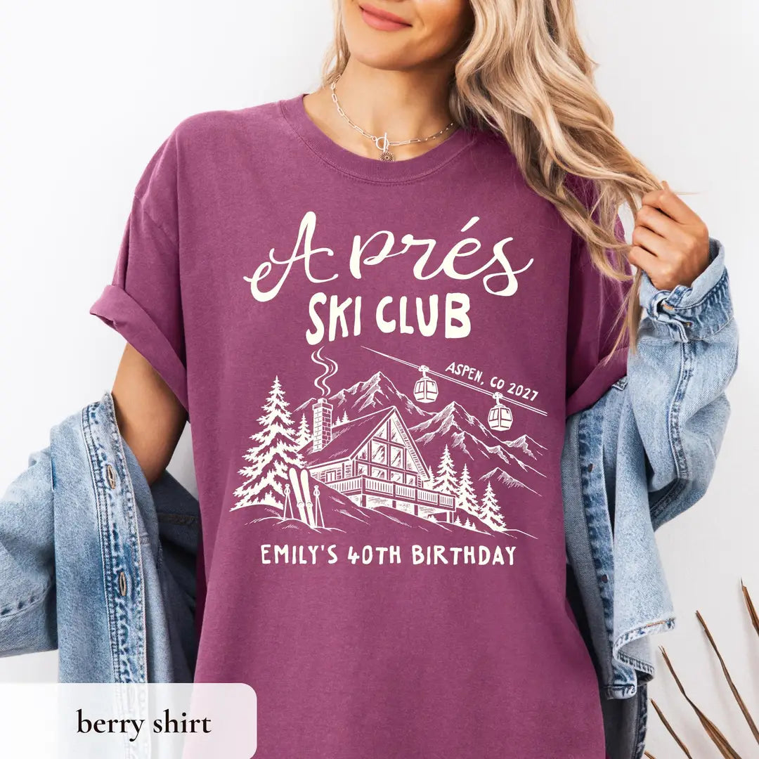 Apres Ski Birthday graphic Comfort Colors T-shirt, additional product photograph.