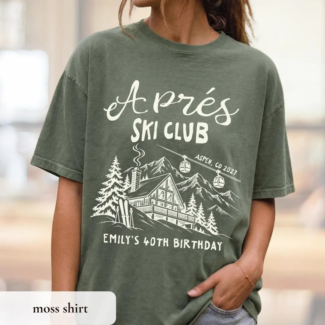 Apres Ski Birthday graphic Comfort Colors T-shirt, additional product photograph.