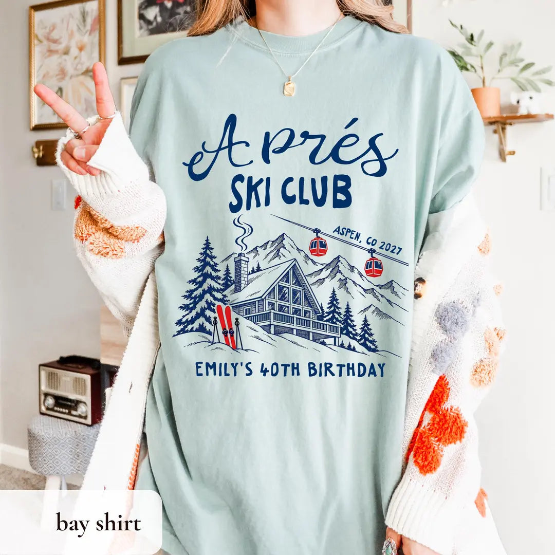 Apres Ski Birthday graphic Comfort Colors T-shirt, additional product photograph.