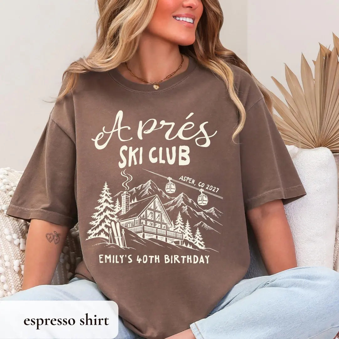 Apres Ski Birthday graphic Comfort Colors T-shirt in Espresso, additional product photograph.