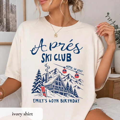 Apres Ski Birthday graphic Comfort Colors T-shirt in Ivory, additional product photograph.