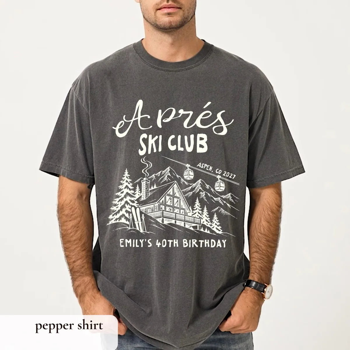 Apres Ski Birthday graphic Comfort Colors T-shirt in Pepper, additional product photograph.