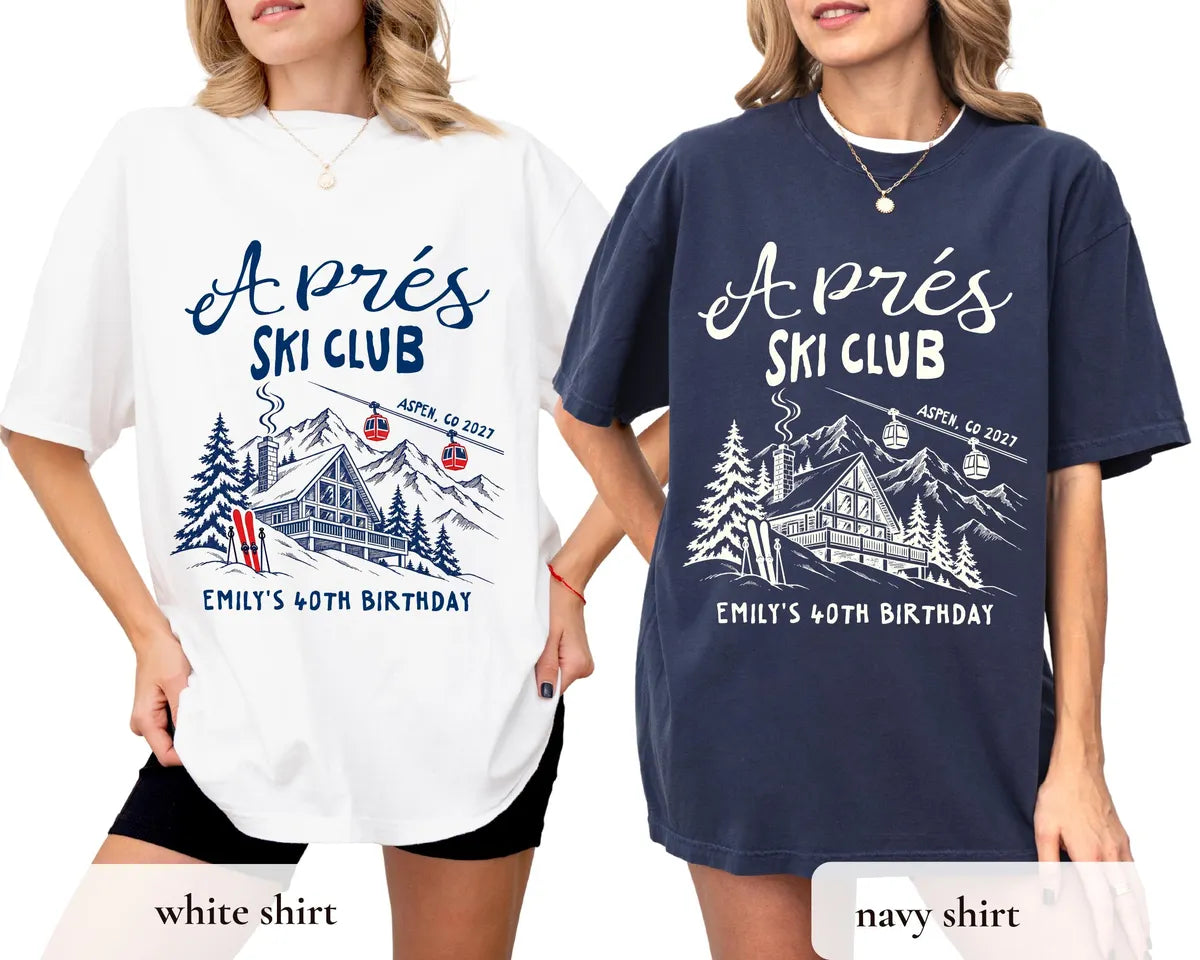Apres Ski Birthday graphic Comfort Colors T-shirt in White, additional product photograph.