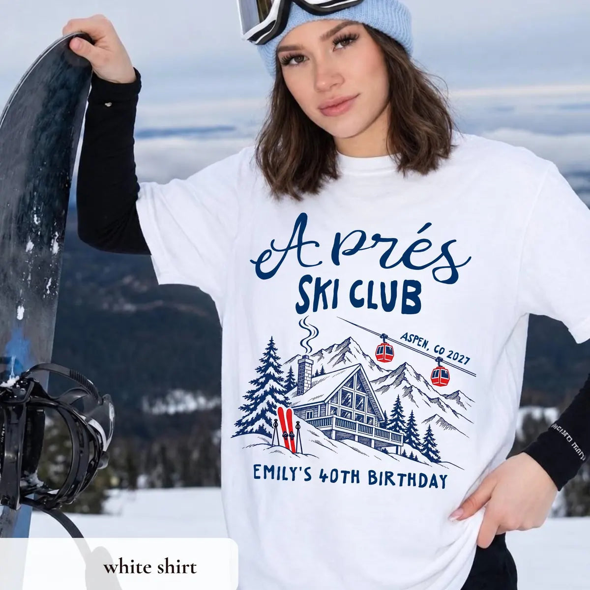 Apres Ski Birthday graphic Comfort Colors T-shirt in White, additional product photograph.