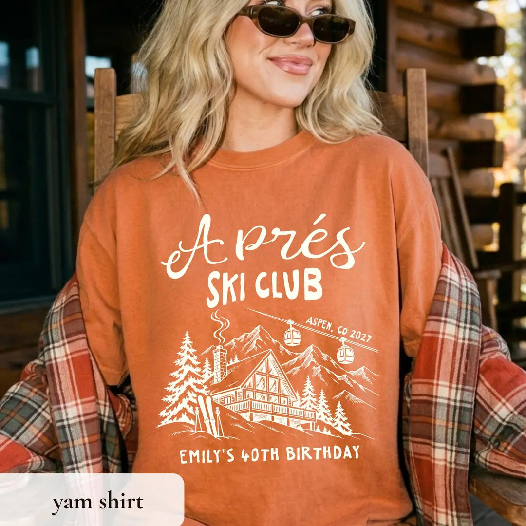 Apres Ski Birthday graphic Comfort Colors T-shirt in Yam, additional product photograph.