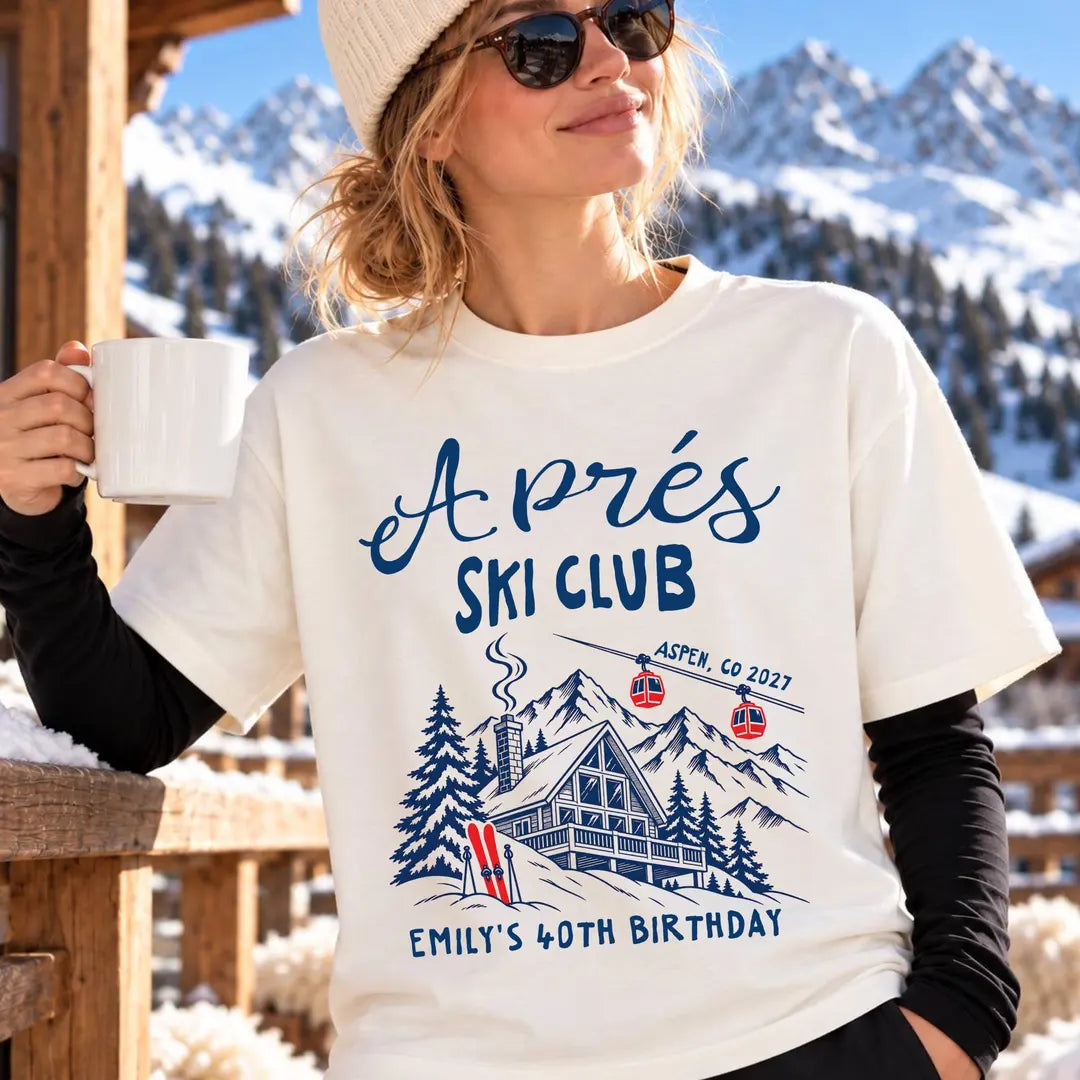 Apres Ski Birthday graphic Comfort Colors T-shirt in Red, main product photograph.
