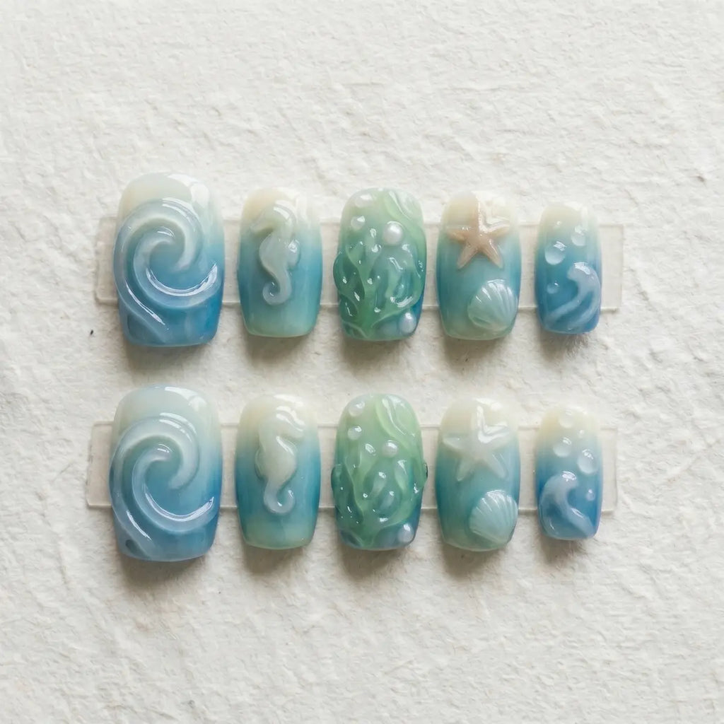azure ocean 3d square press on nails starfish seahorse flat lay 01