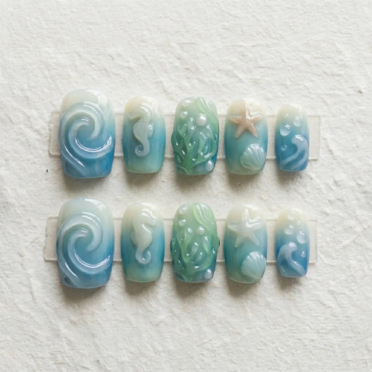 azure ocean 3d square press on nails starfish seahorse flat lay 01