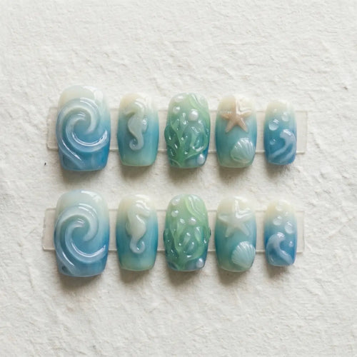 azure ocean 3d square press on nails starfish seahorse flat lay 01
