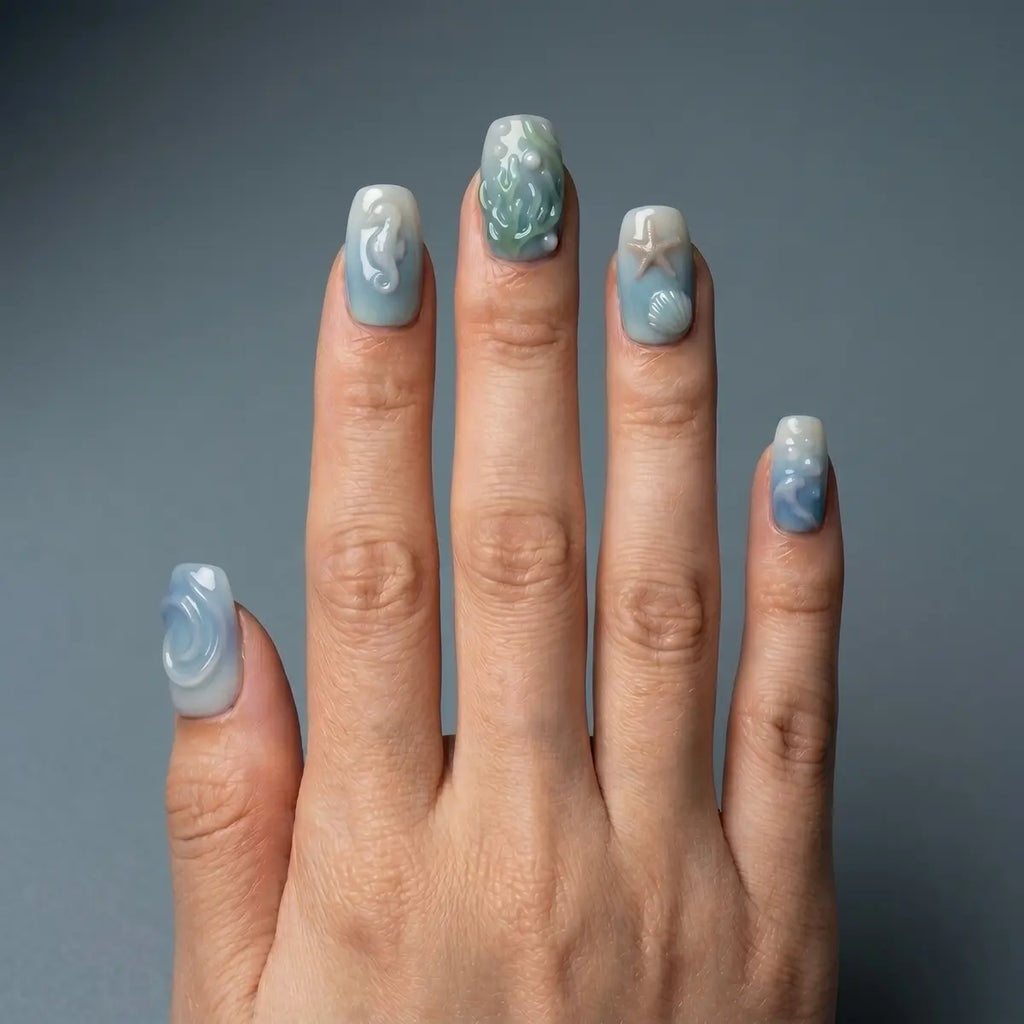 azure ocean 3d square press on nails starfish seahorse mockup 01