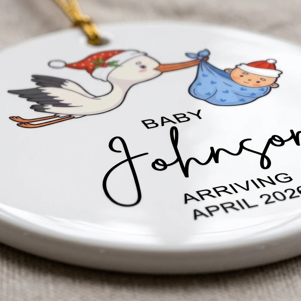 baby arriving baby annoucement personalized ornament detail