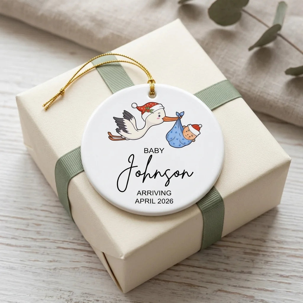 baby arriving baby annoucement personalized ornament gift
