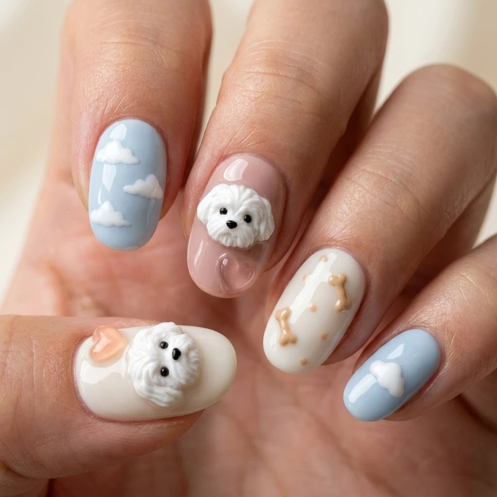 baby blue blush pink 3d oval press on nails maltese dog cloud heart bone detail 03