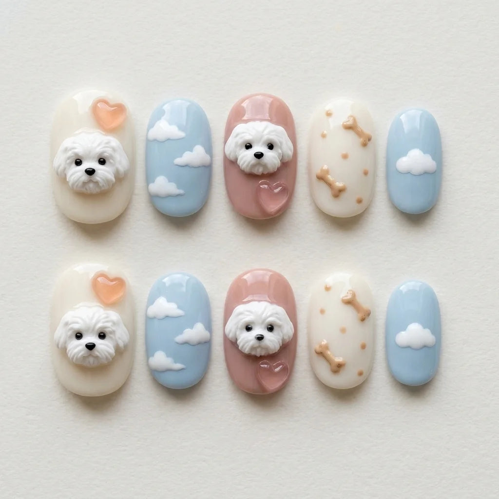 baby blue blush pink 3d oval press on nails maltese dog cloud heart bone flat lay 04