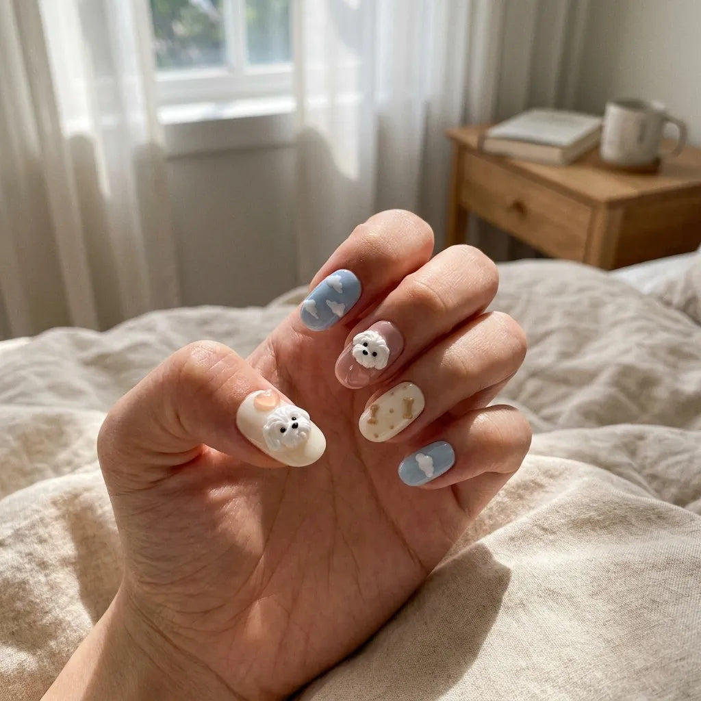 baby blue blush pink 3d oval press on nails maltese dog cloud heart bone lifestyle 02